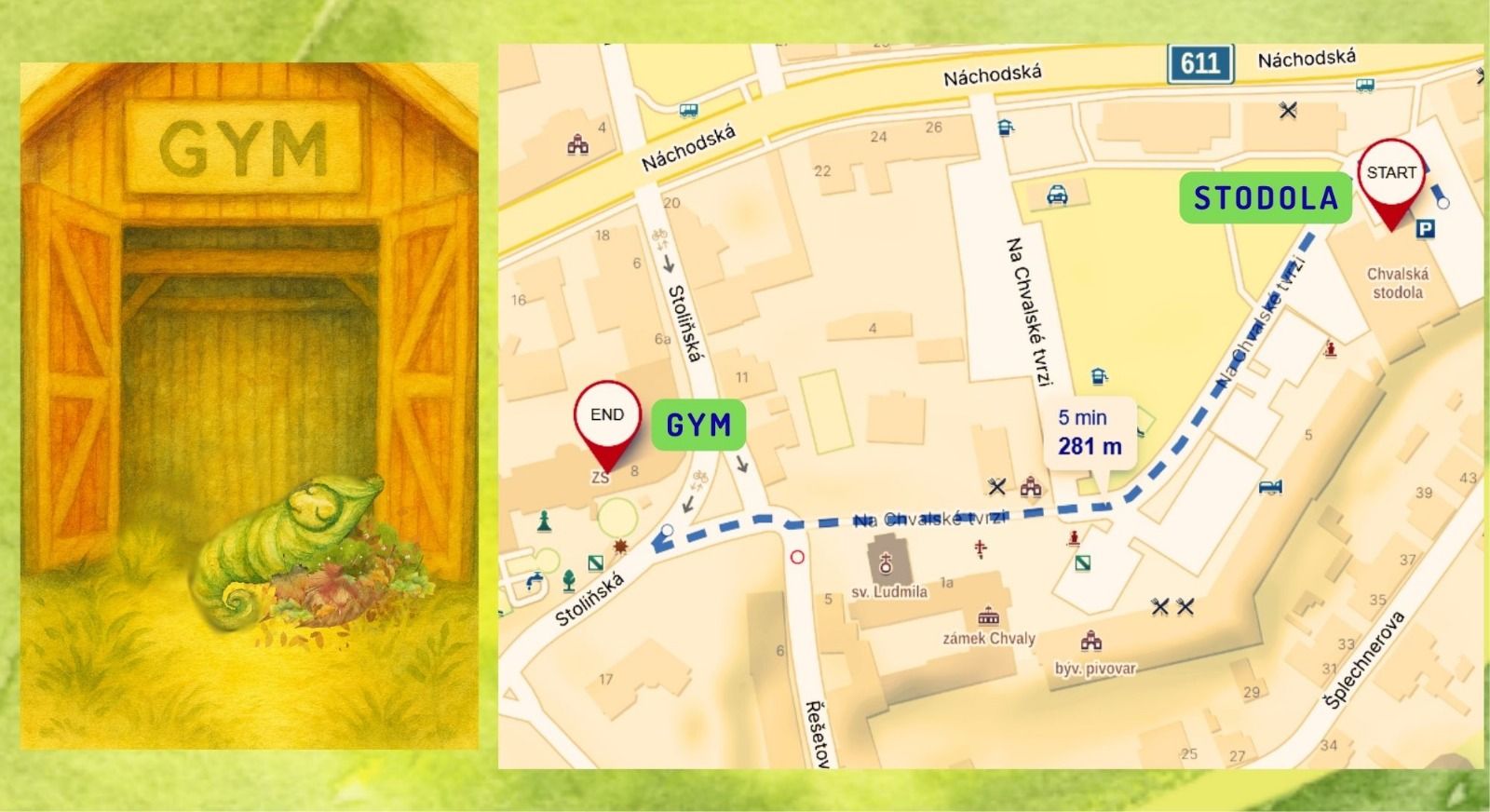 Map how to get from the dance floor to the sleeping gym